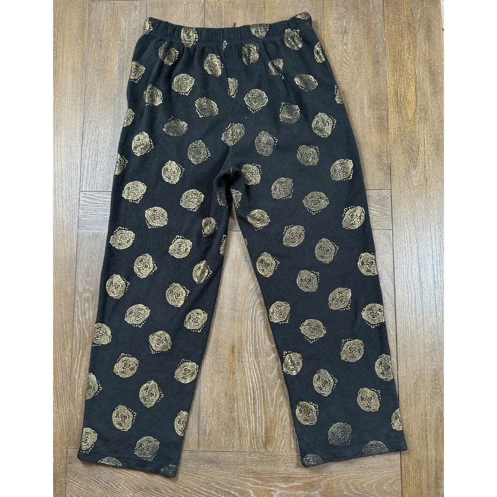 True Religion Mens Lounge Pants Large Black Gold Buddha Print Drawstring Pajama